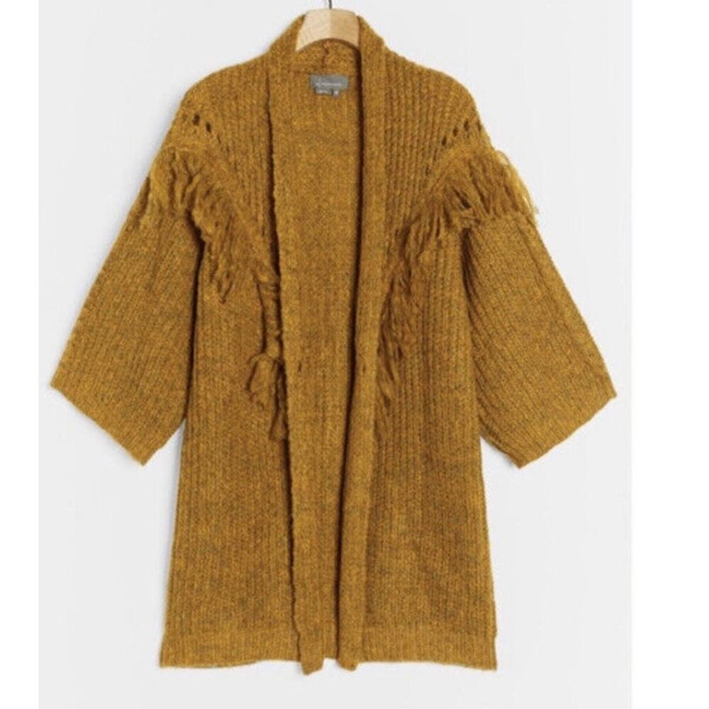 NWT : Anthropologie Stevie Fringed Knit Kimono Cardi Sweater Women's Yellow Boho